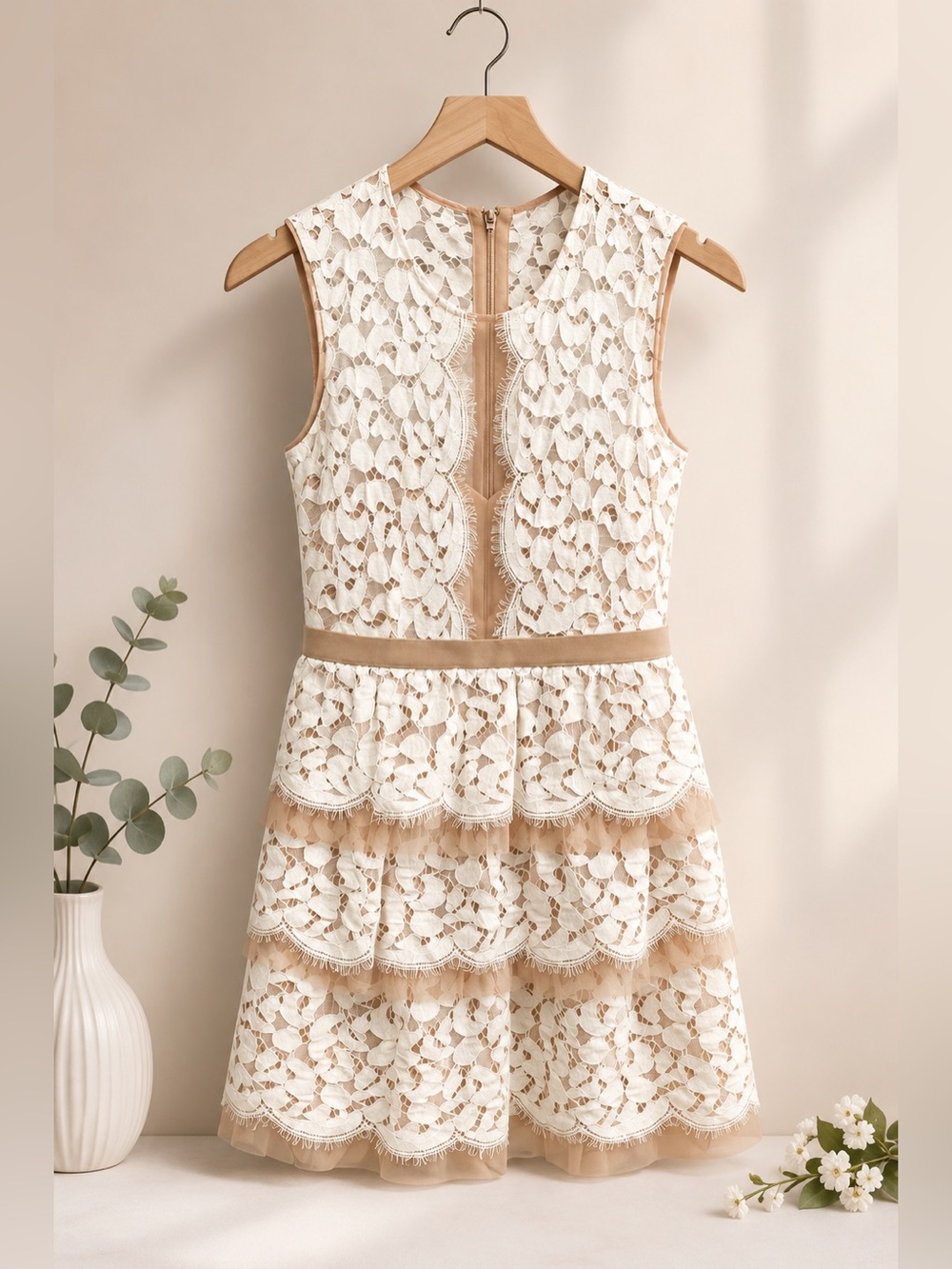BCBG Kayla Ivory Lace Tiered Dress with Nude Underlay (rack)